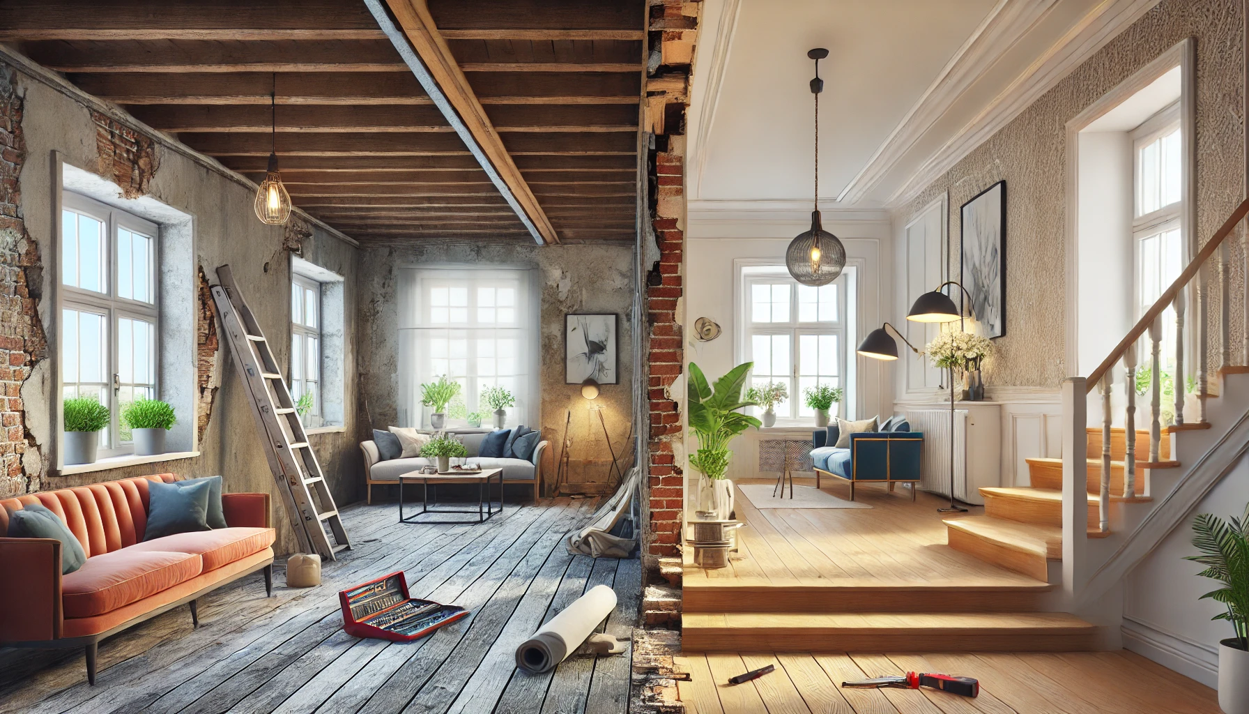 Interior renovation project with partially renovated room showing new and old features